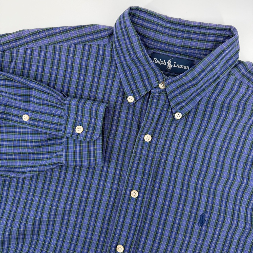 Ralph‎ Lauren Yarmouth Button Down Shirt Blue Plaid 100% Cotton Men 16 1/2